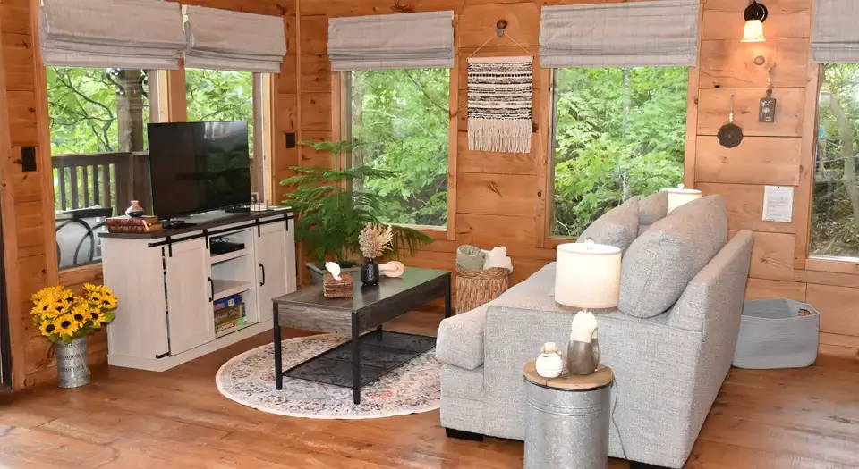 View of the living area inside the cabin at Eureka Springs Riverview Oasis